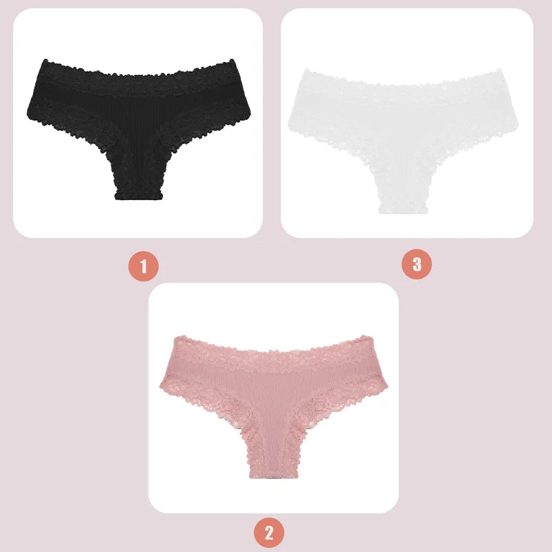 3PCS Lace Seamless Cotton Panties Ribbed Brazilian