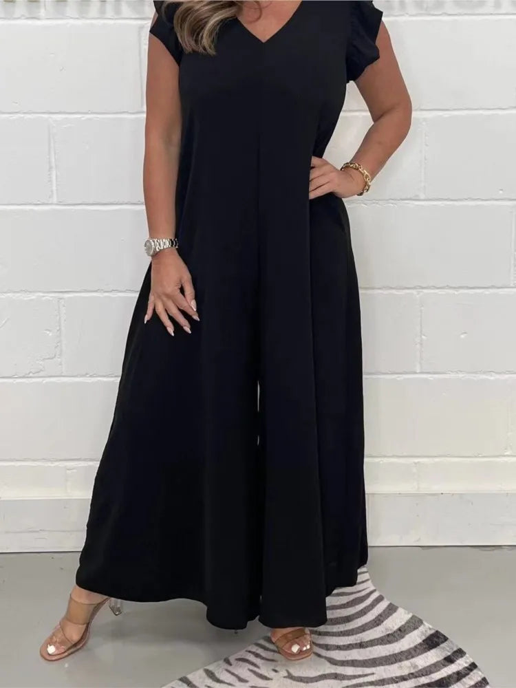 Ruffled Wide-leg Trousers Solid Casual Jumpsuit