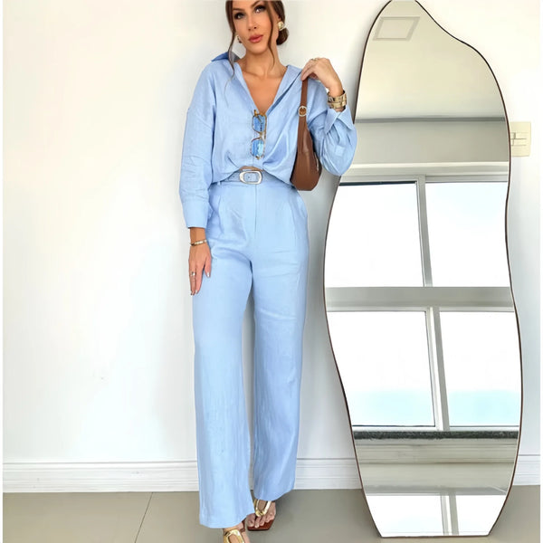Shirt Top + Pocket High Waist Trousers Spring Autumn Set