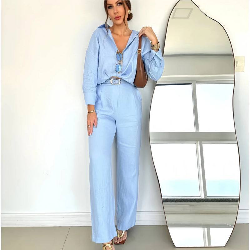 Shirt Top + Pocket High Waist Trousers Spring Autumn Set