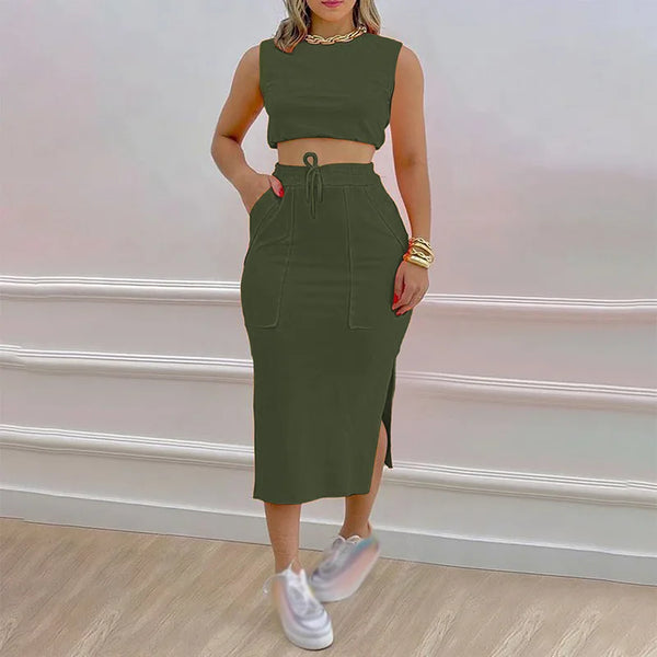 Skirt Set Solid Round Neck Short Sleeveless Top