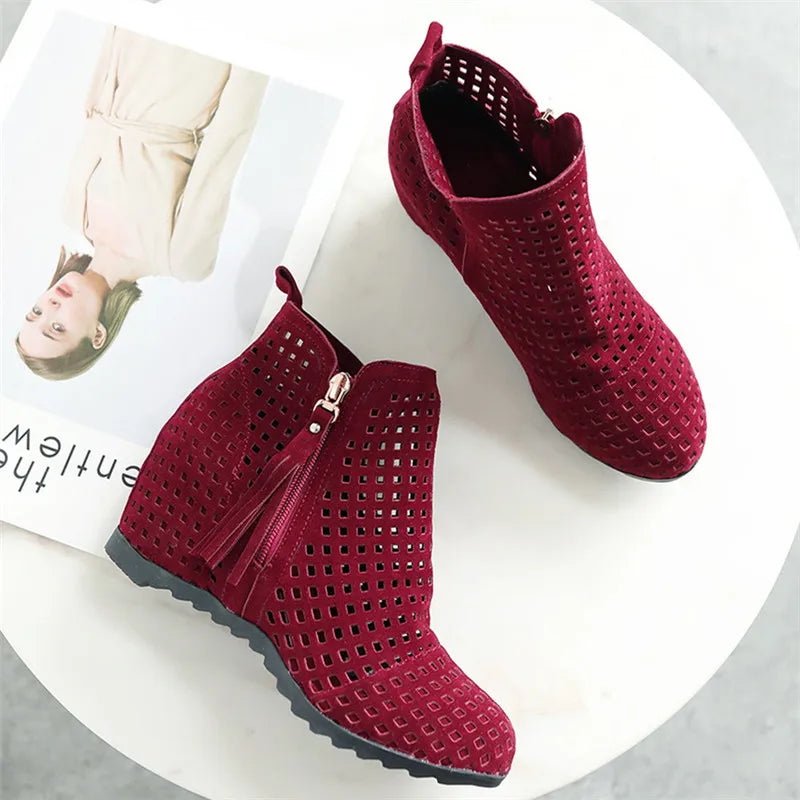 Boots Flat Low Hidden Wedges Cutout Zip