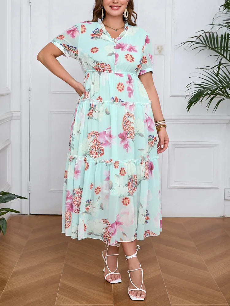 Plus Size Floral Elegant High Waist Chiffon