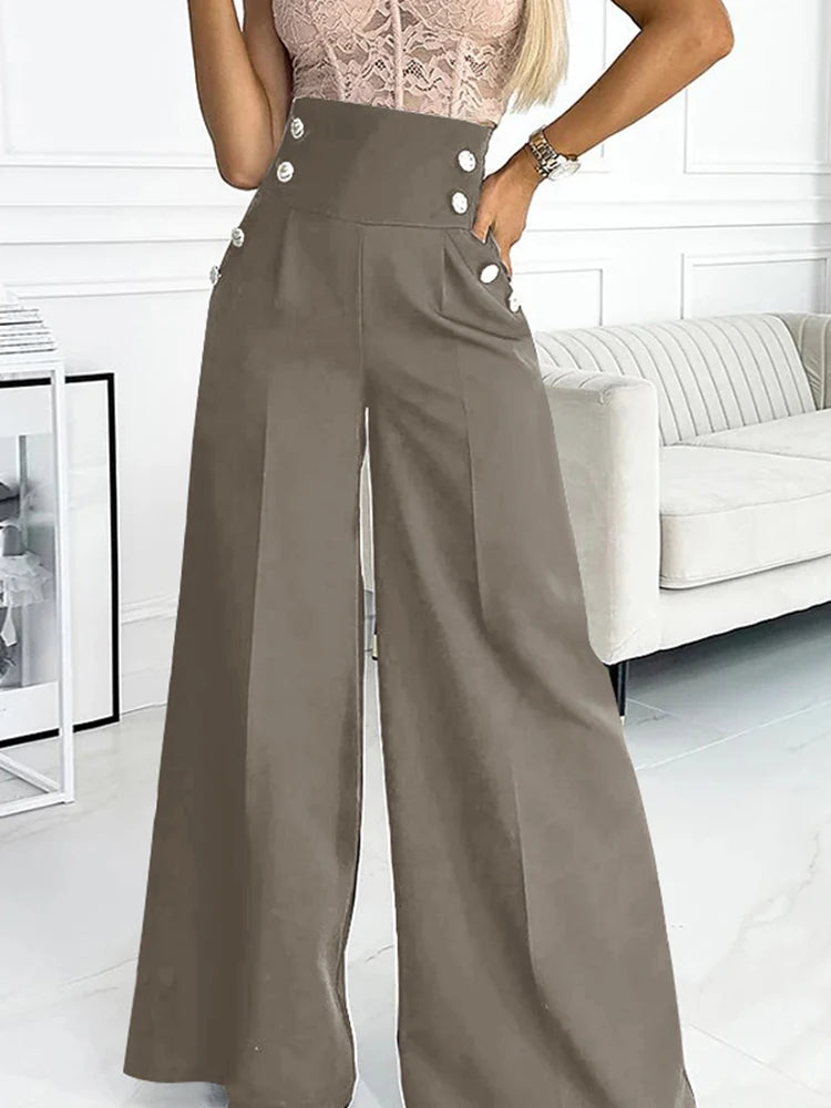 Pants Casual Solid Color High Waist Double