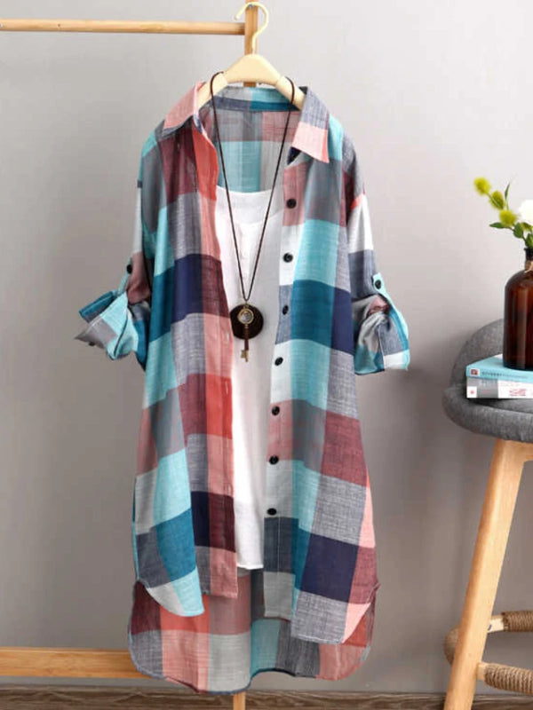 Plus Size Loose Plaid Blouse Cotton Shirt Style Outwear