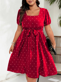 Plus Size Square Neck Polka Dot Belted