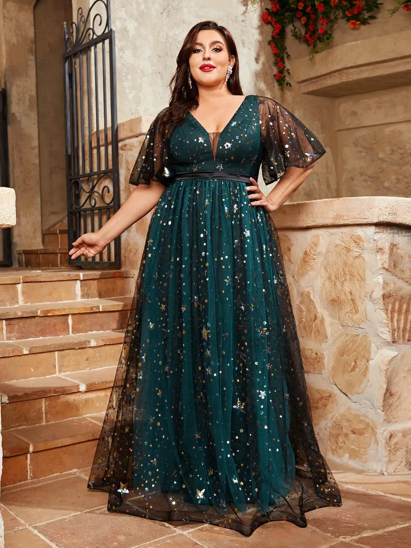Plus size V-neck sequin embroidered Party dress