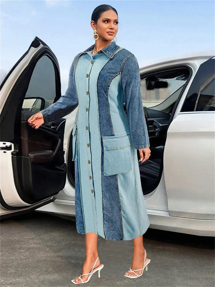 Plus Size Denim Dresses Long Sleeve Casual
