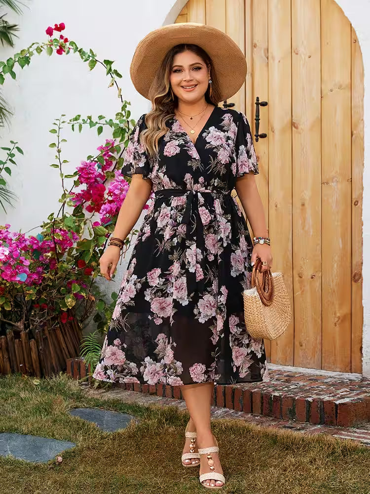 Plus Size Floral Print A-line Boho Long Dresses - Women's Fashion - View 5