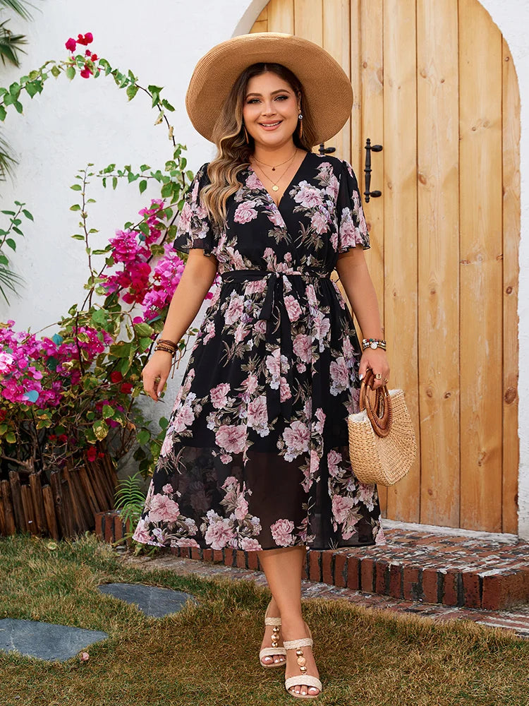 Plus Size Floral Print A-line Boho Long Dresses