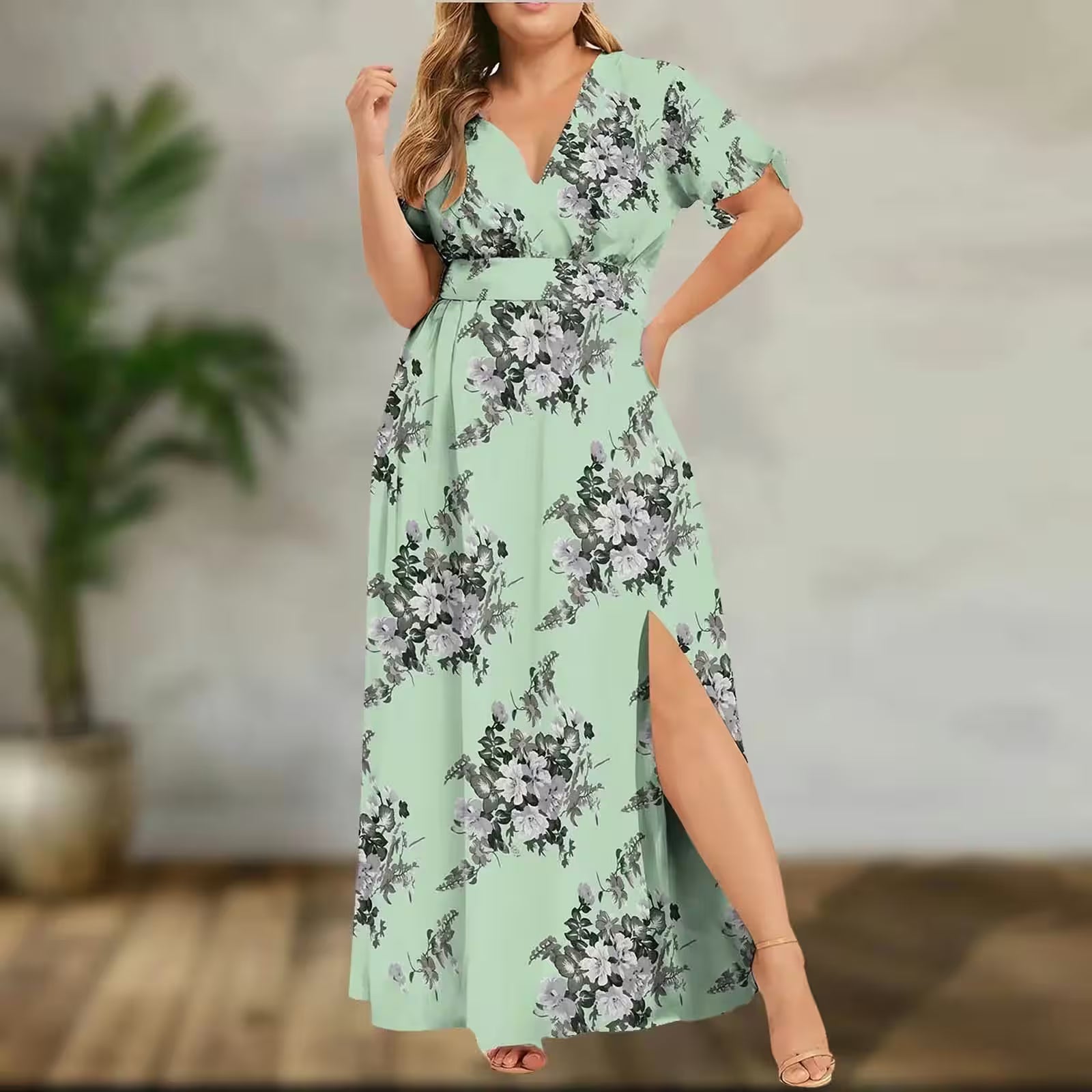 Plus Size  Slit Flower Print Short Sleeve Dress - Additional View 3