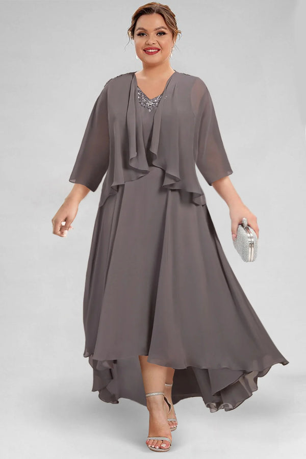 Plus Size Semi Formal Taupe Chiffon Drilling Two Pieces