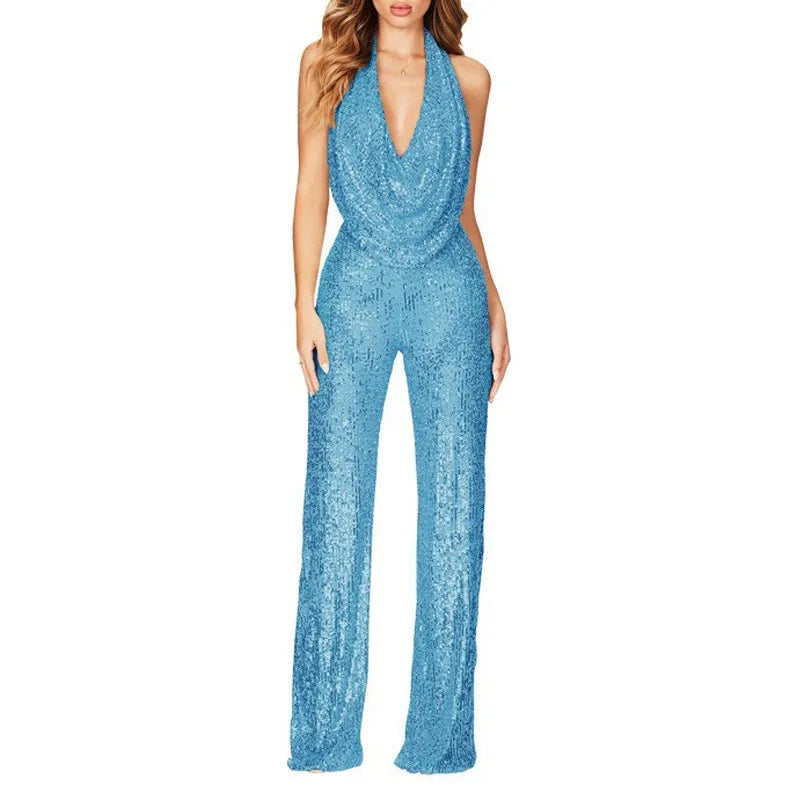 Sexy Folds Deep V-neck Sequin Jumpsuits Slim