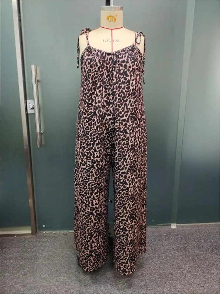 Plus Size Leopard Print Tie Shoulder Jumpsuits