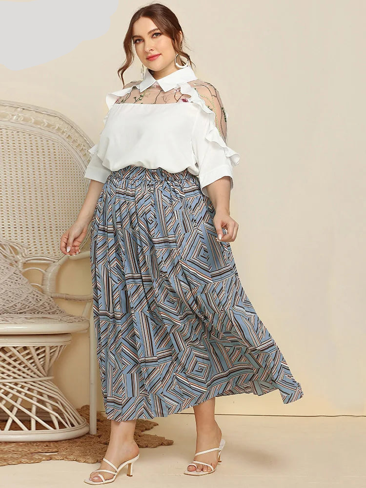 Plus Size Geometric Print Pleated Maxi Long Skirts