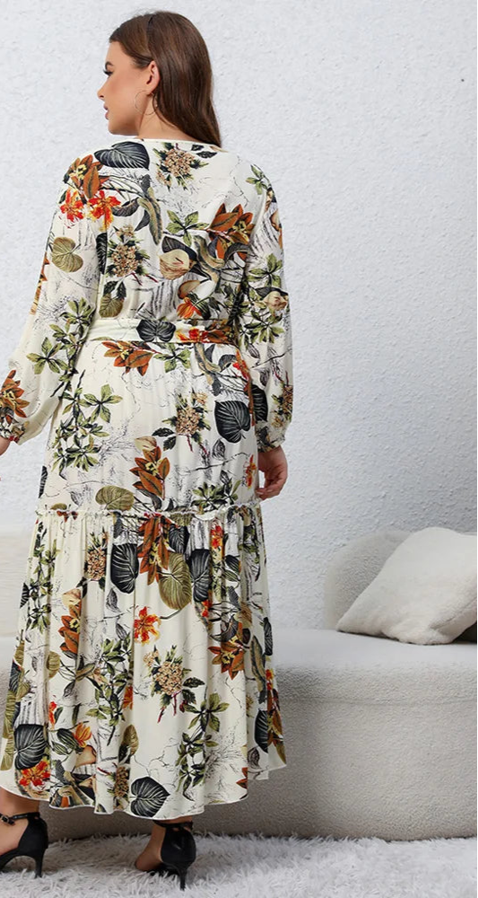 Plus Size Floral Print Belted Dress Spring