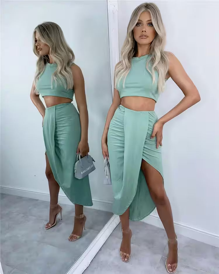 Crop Tank Top & Ruched Asymmetrical Hem Split Skirt Set - Crop Tank Top & Ruched Asymmetrical Hem Split Skirt Set