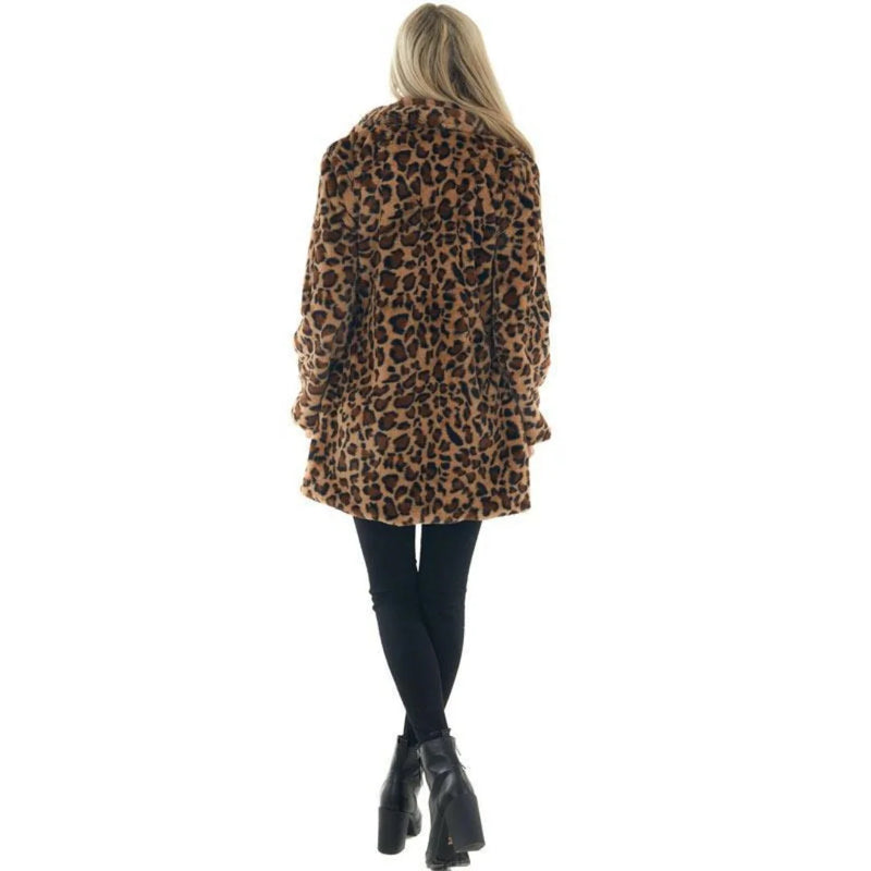 Autumn Winter Leopard Print Faux Fur Coat Long Sleeve