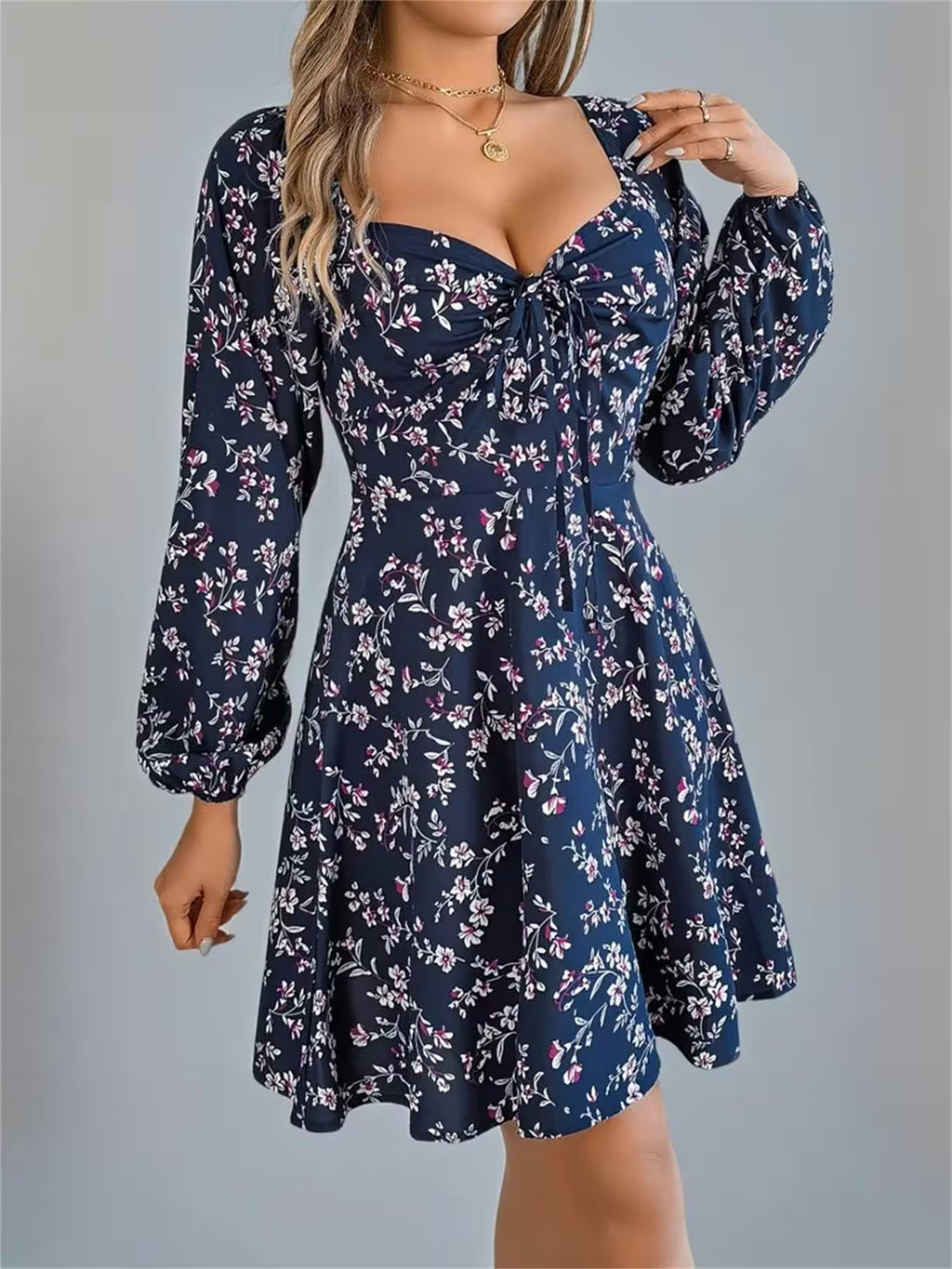 Spring Floral Long Sleeve A-line Ruffle Dress - Additional View 5