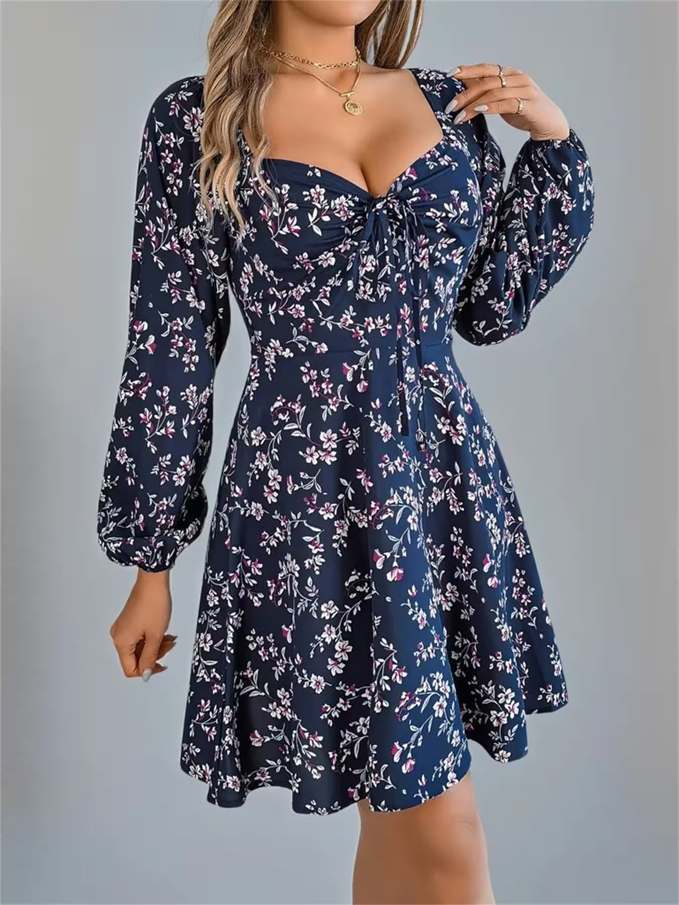 Spring Floral Long Sleeve A-line Ruffle Dress - Additional View 5