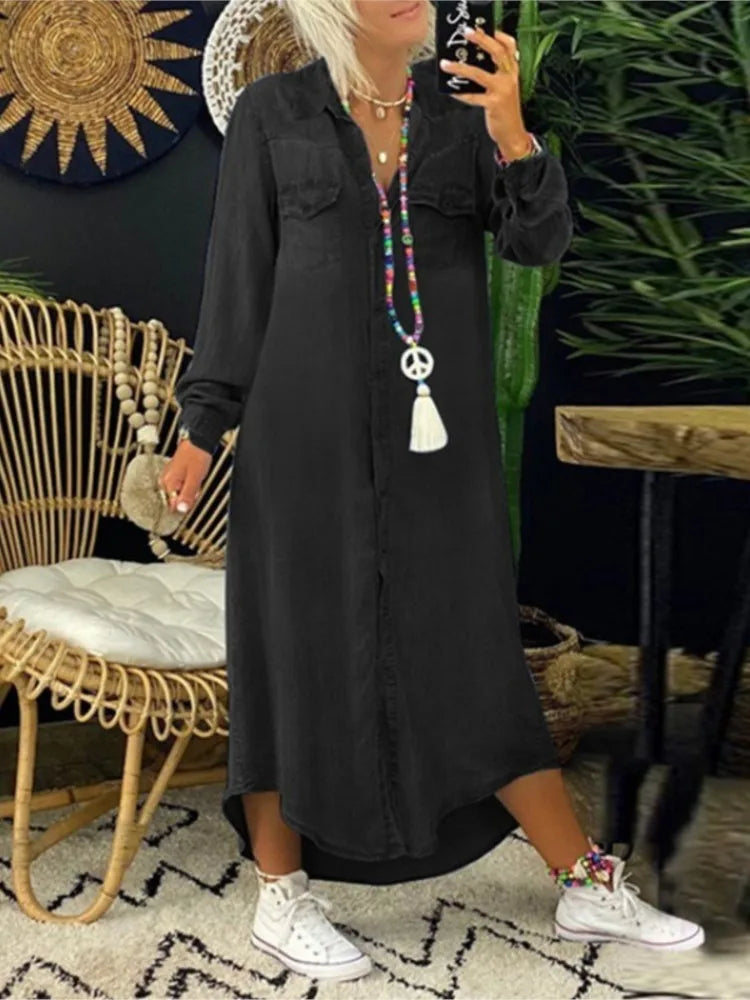 Plus Size Casual Dress Elegant Button Long Sleeve