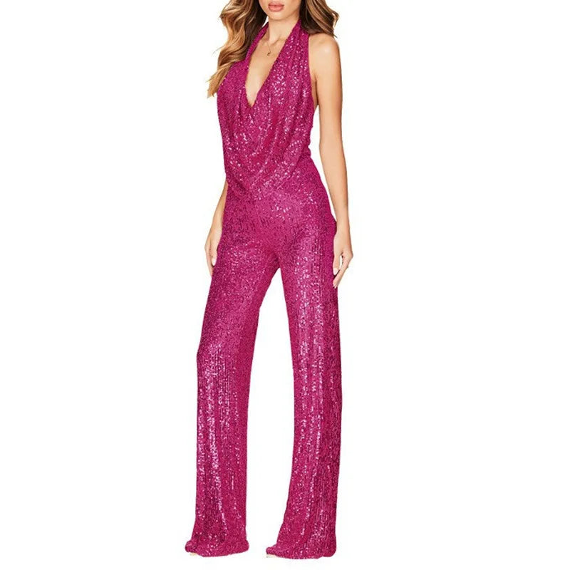Sexy Folds Deep V-neck Sequin Jumpsuits Slim