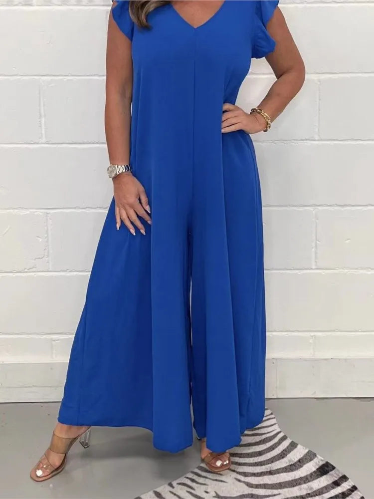 Ruffled Wide-leg Trousers Solid Casual Jumpsuit