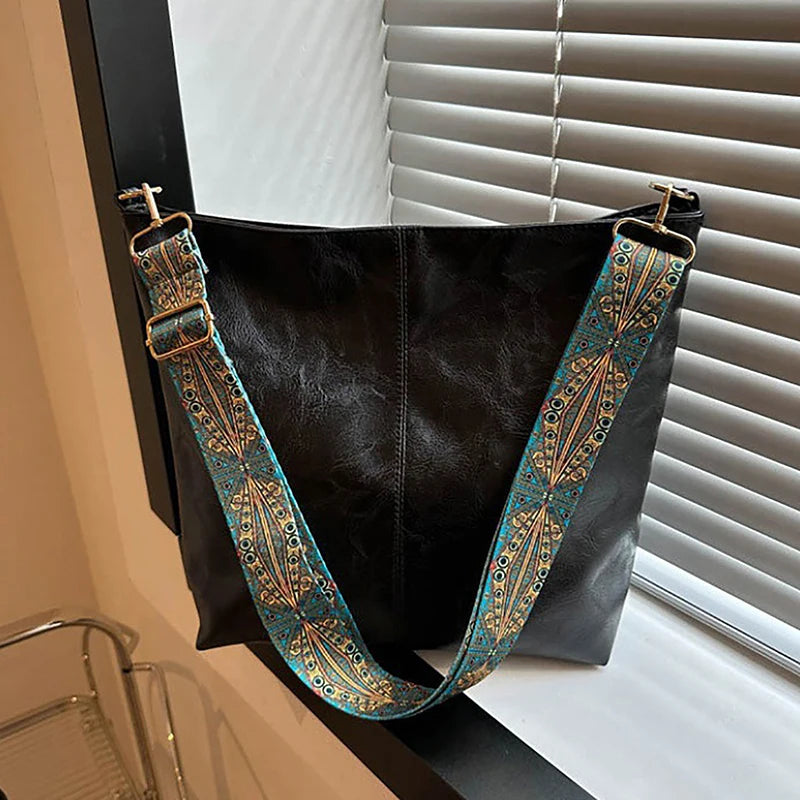 Wide Geometric Strap Shoulder Bag Large Capacity Crossbody