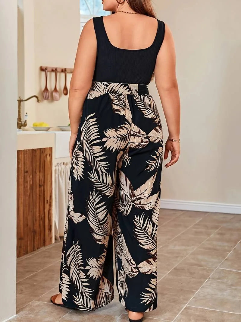 Plus Size Tropical Print Casual Belted Jumpsuit