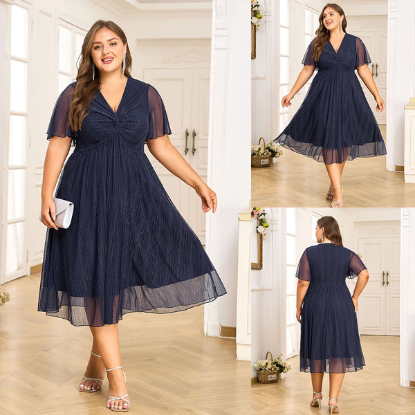 Plus Size V-Neck Solid Dresseegant Evenings
