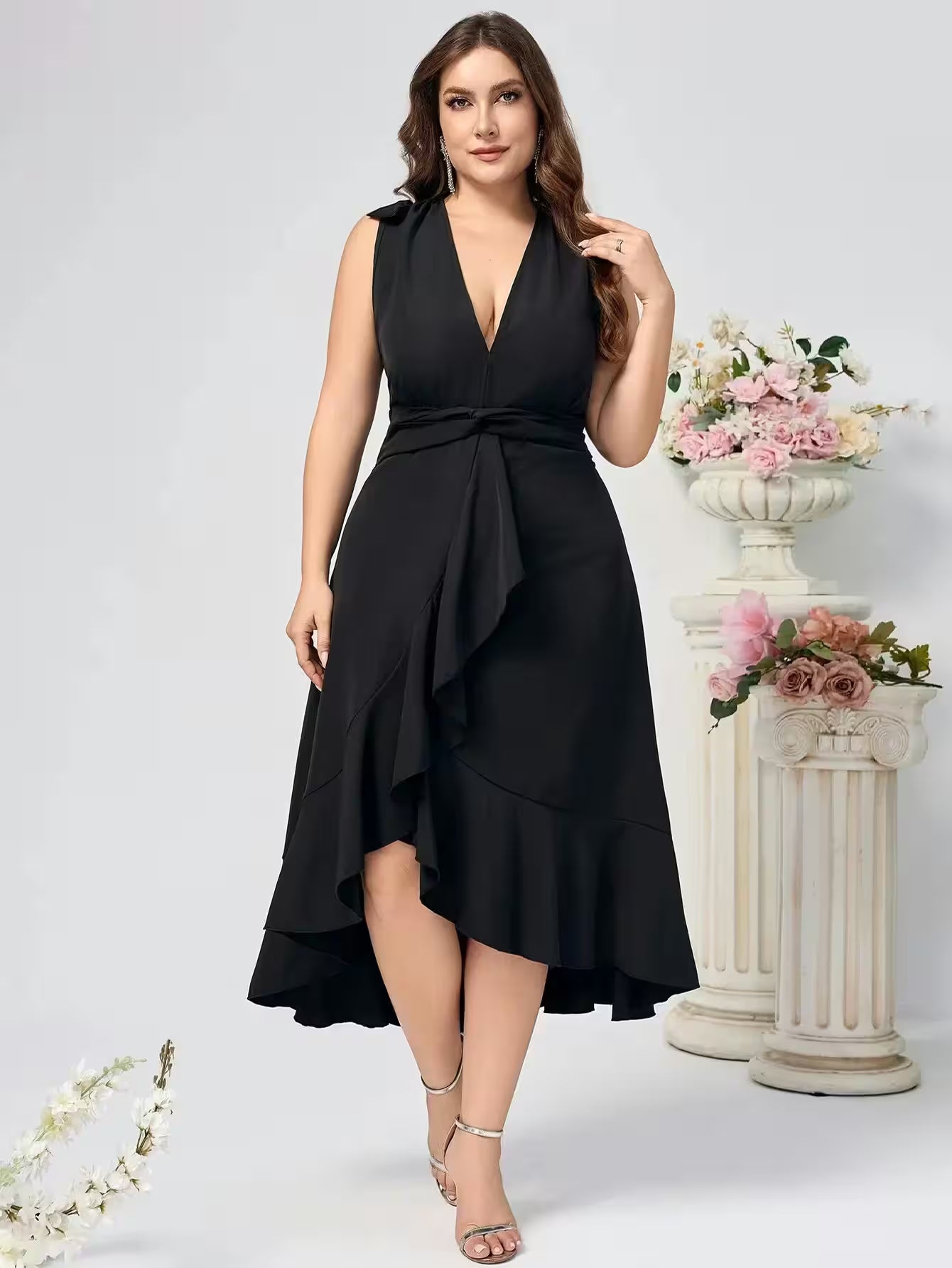 Plus Size Solid Color Long Dress Sexy V-Neck - Women's Fashion - View 3