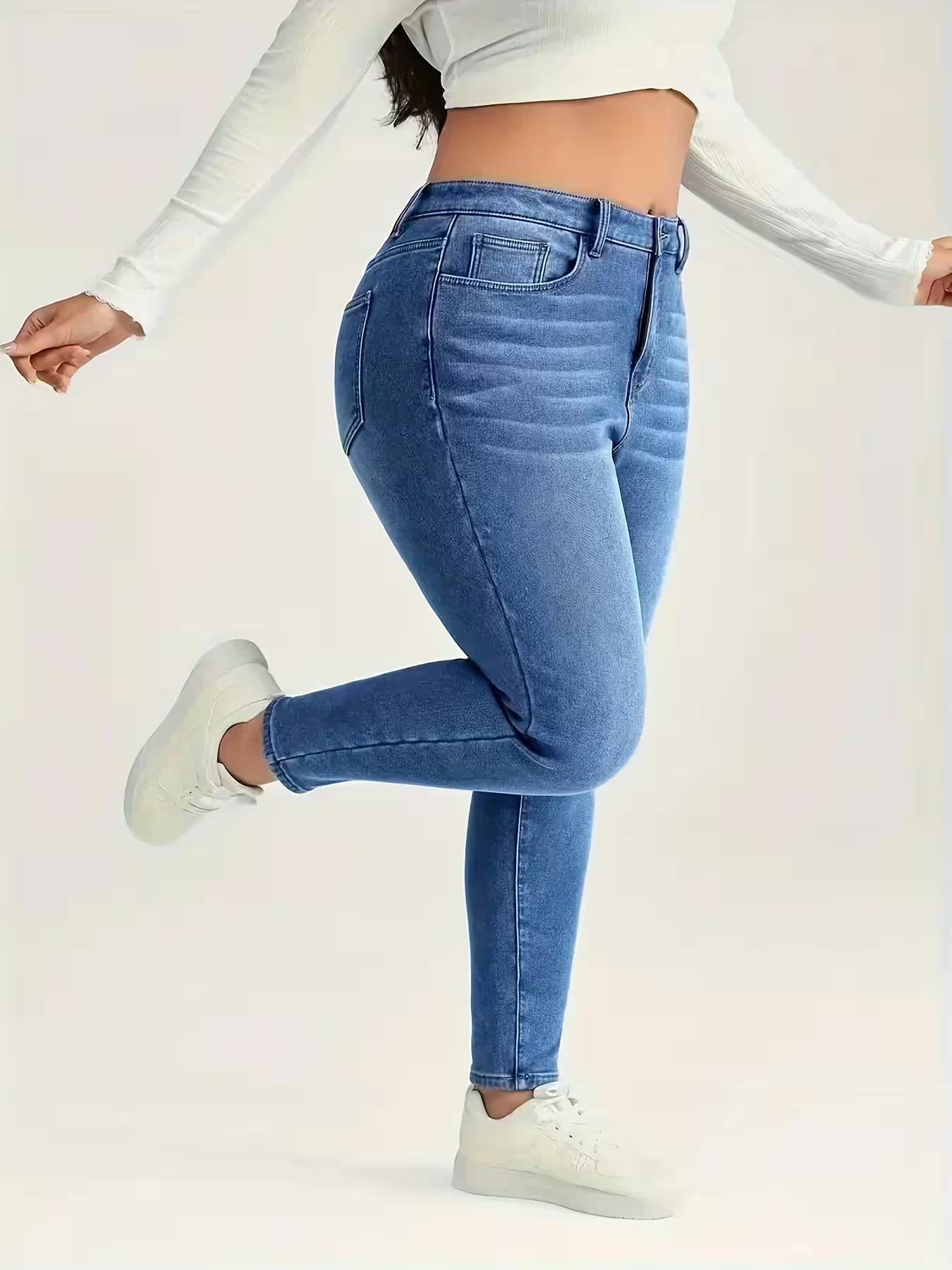 Plus Size Washed Blue Jeans High Waist - Women's Fashion - View 6