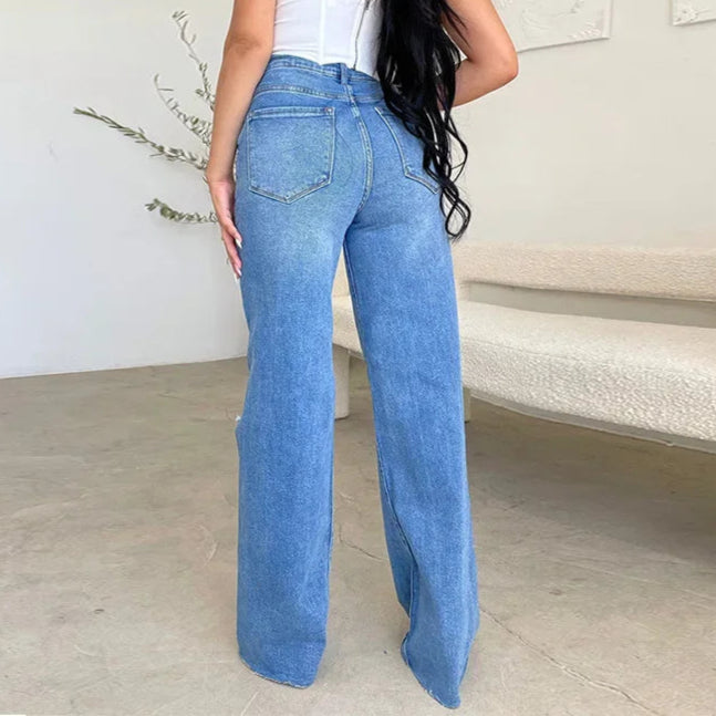Jeans Long High Waist Ripped Frayed Comfortable Wide Leg