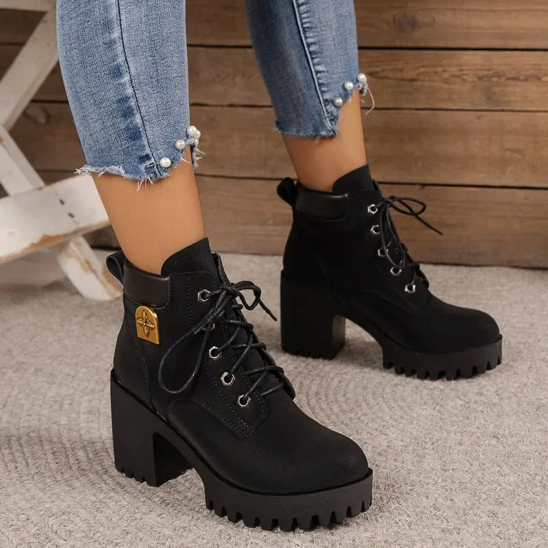 Retro Round Toe Chunky Heels Ankle Boots