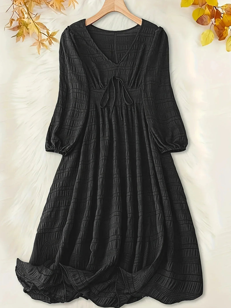 Plus Size Casual Dress with Textured Lantern Sleeves