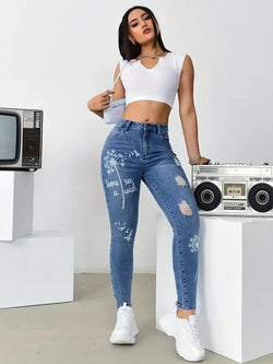 Stretch Trousers Slim Fit Jeans Print Flower Casual Fashion