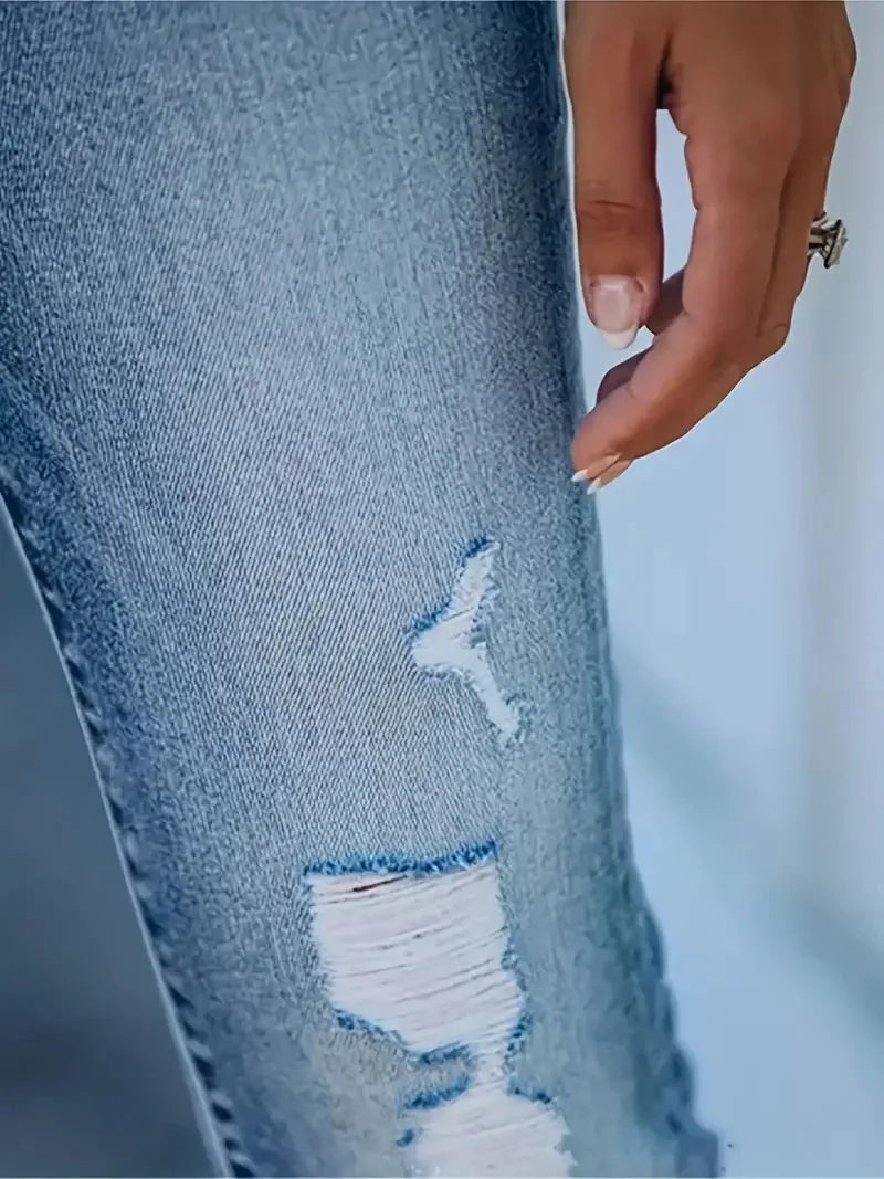 Elastic straight cropped pants tight ripped