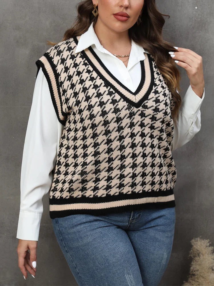 Plus Size Vintage Houndstooth Knitted Sweater Tops