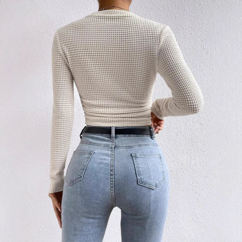 T-shirt Long-sleeved Sexy Slim Round Neck Top Textured