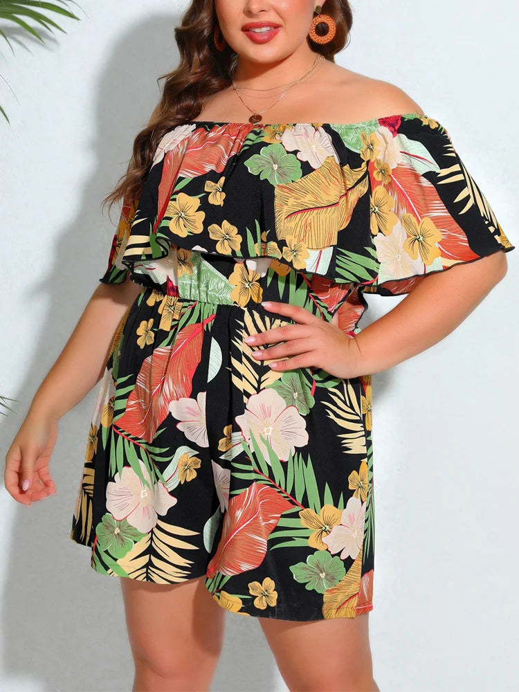 Plus Size Floral Print Off Shoulder Jumpsuit