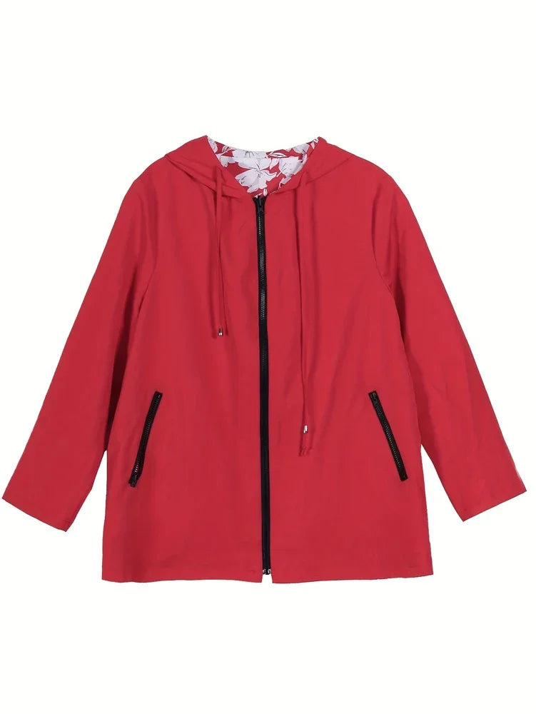 Plus Size Floral Print Hooded Zip Hooded Jacket