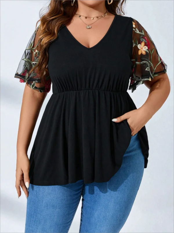 Plus Size  V-neck Casual Mesh T-shirt