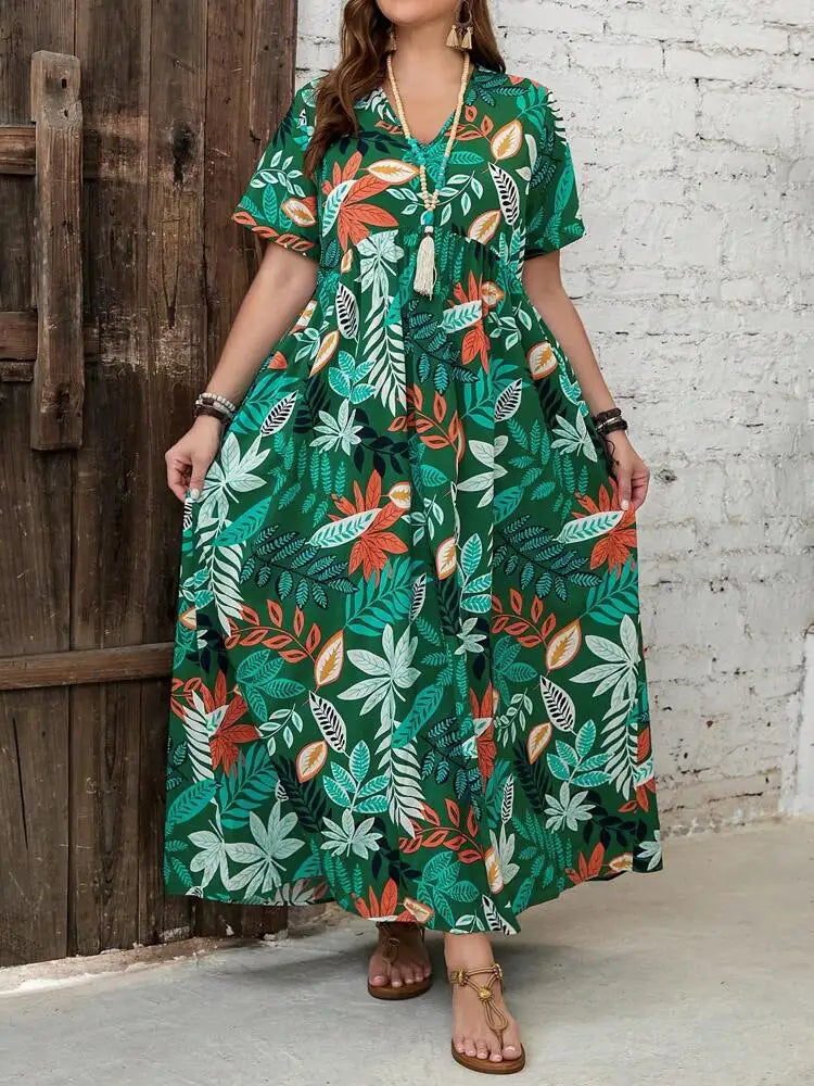 Plus Size Dress Spring New Printed V-neck
