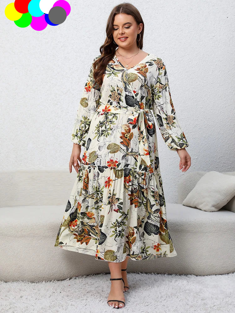 Plus Size Floral Print Belted Dress Spring