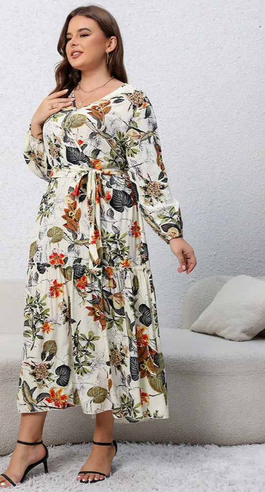 Plus Size Floral Print Belted Dress Spring