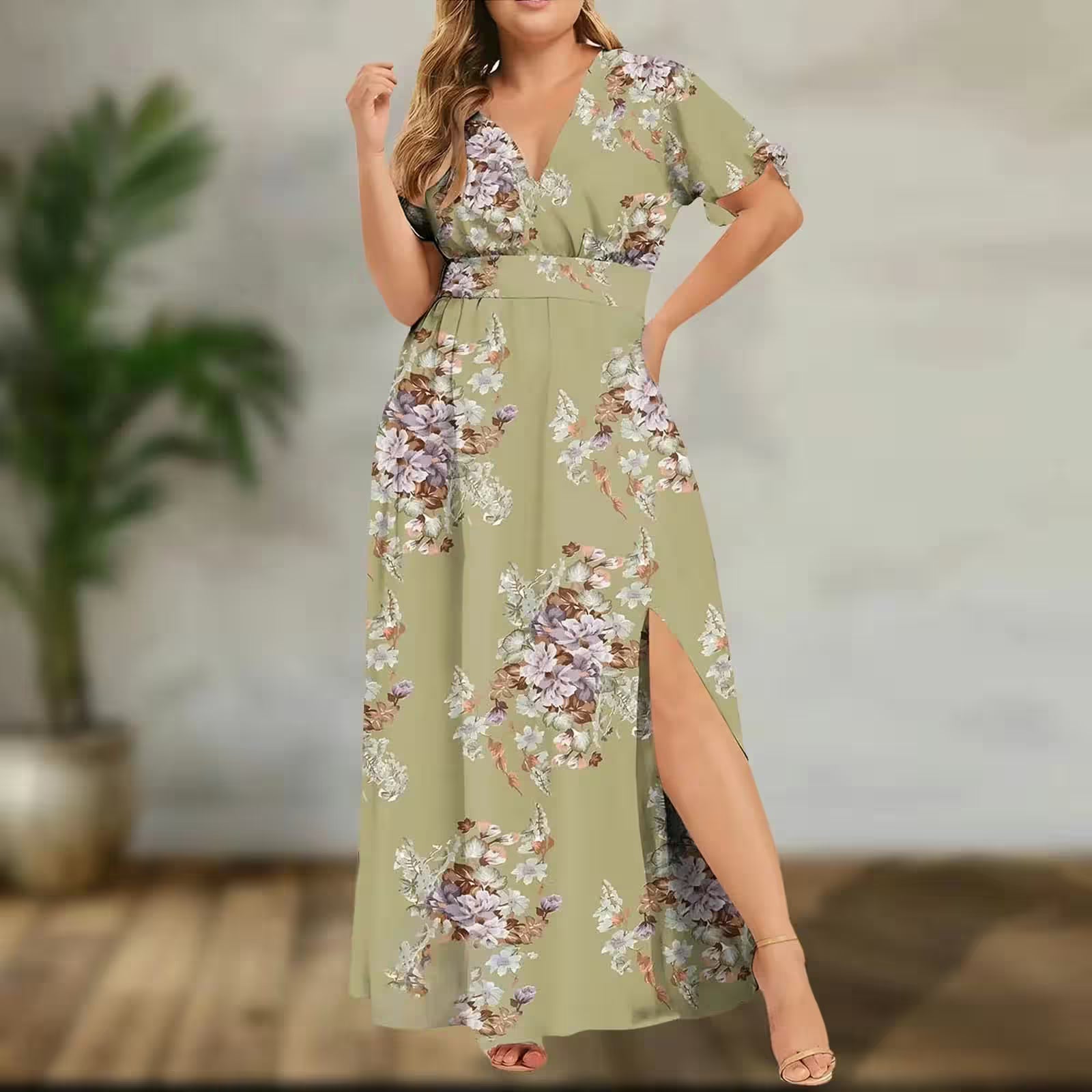 Plus Size  Slit Flower Print Short Sleeve Dress - Additional View 7