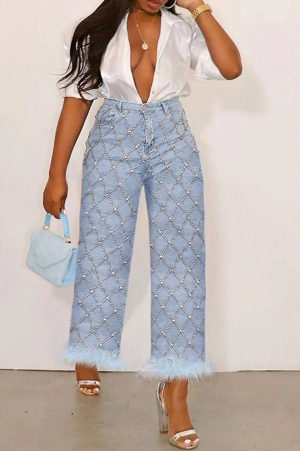 Jean Light Blue High Waist Drilling Straight
