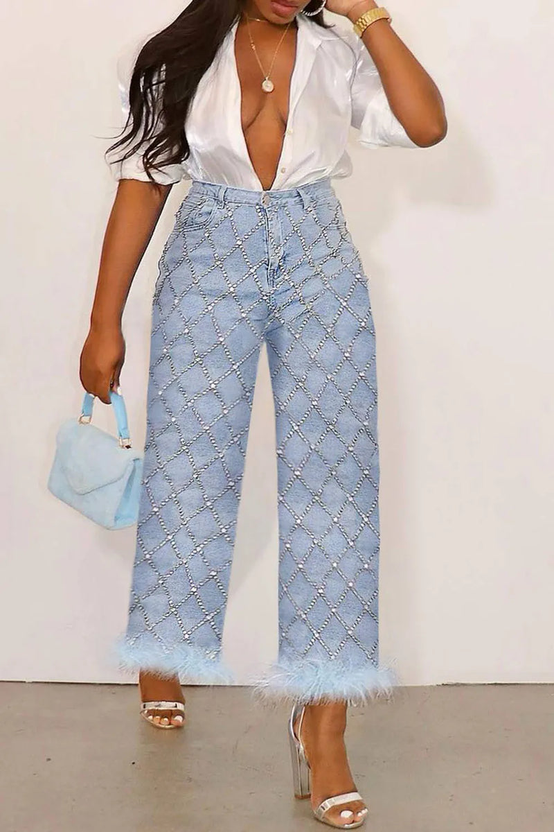 Jean Light Blue High Waist Drilling Straight