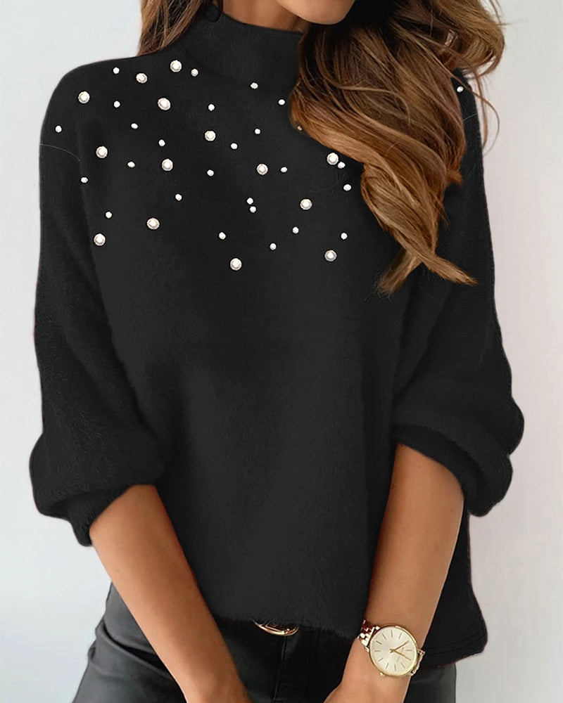 Tops Casual Pearl High Collar Jacket Pullover