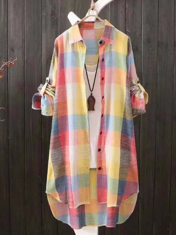 Plus Size Loose Plaid Blouse Cotton Shirt Style Outwear